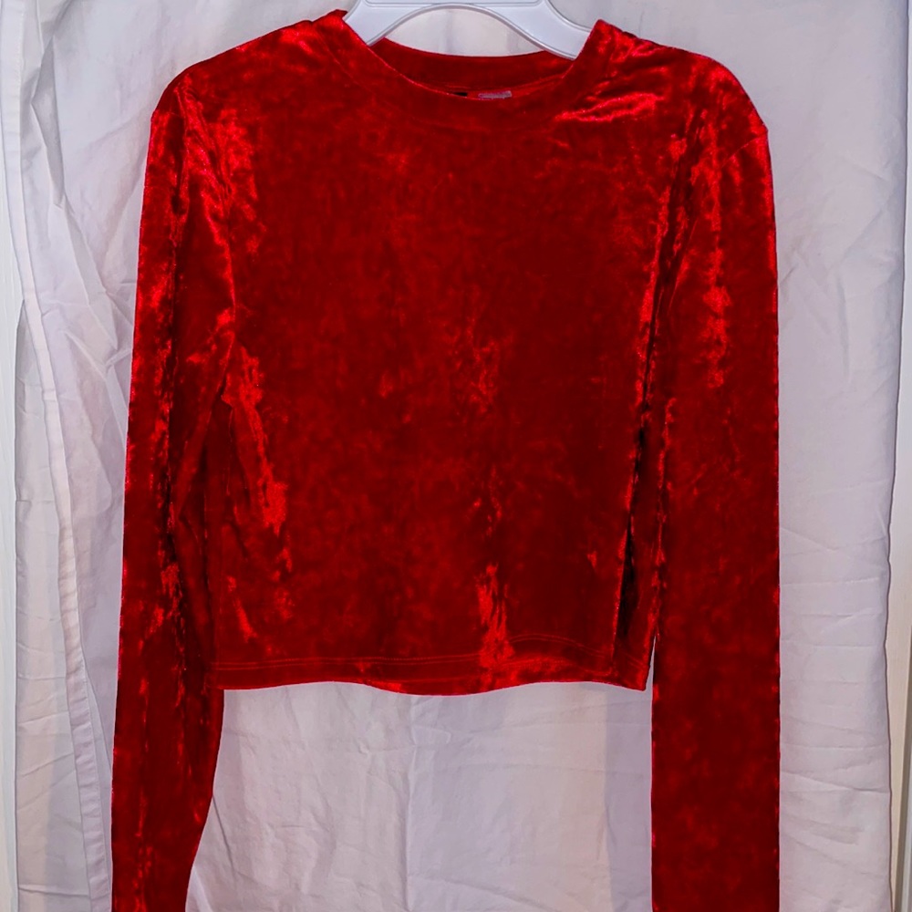 cherry red comfy velvet high neck crop top